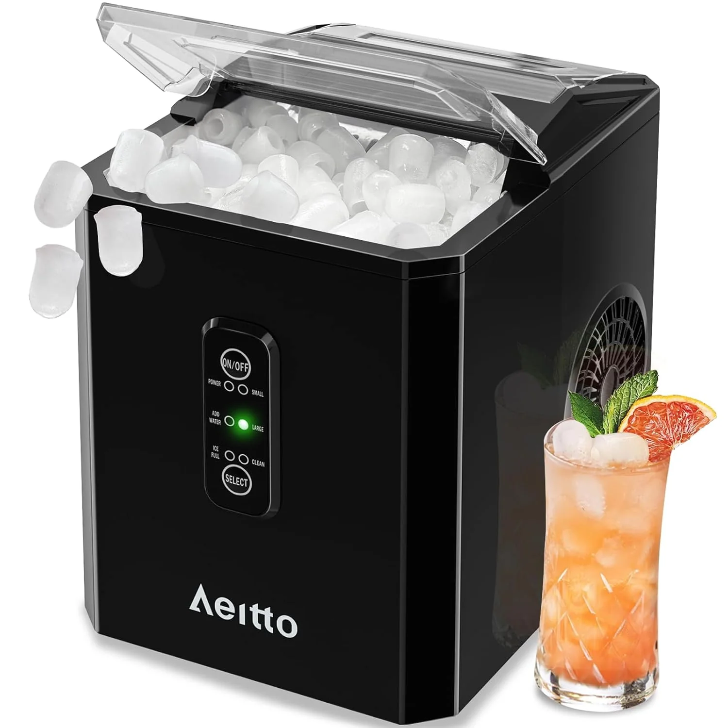 Aeitto Ice Makers Countertop, 9 Ice Cubes Release in 6 Mins, 26Lbs/24H, 2 Sizes of Bullet Ice Machine,Self-Cleaning Portable Ice Maker with Ice Scoop and Basket for Home Kitchen Office Bar RV, Black
