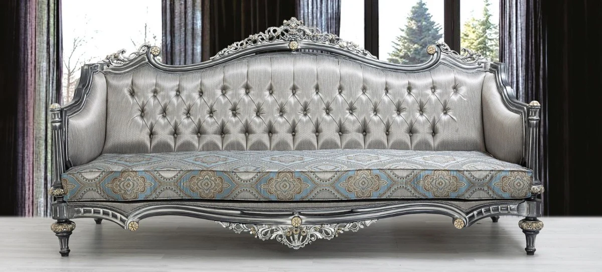 Luxury baroque sofa silver / turquoise / gold 248 x 96 x H. 118 cm - Magnificent solid wood living room sofa with elegant pattern and decorative pillows - Baroque living room furniture