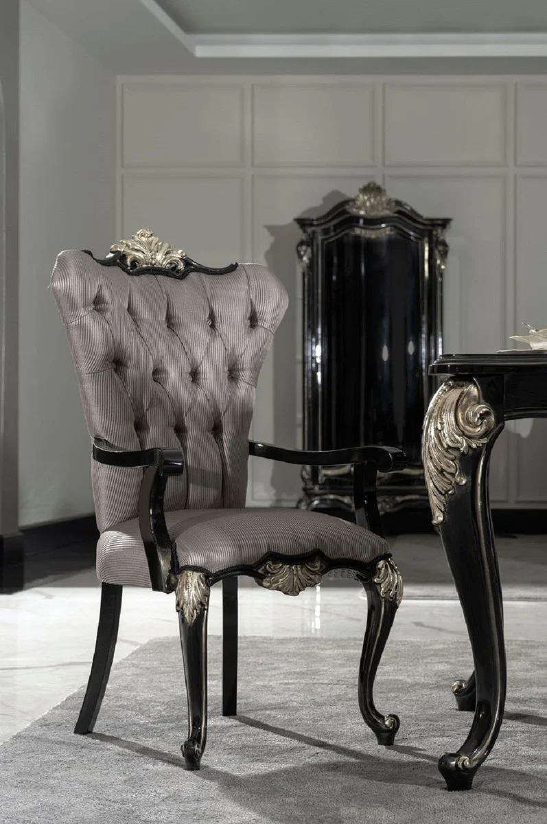 Luxury Baroque Dining Room Chair with Armrests Silver / Black / Silver - Magnificent Baroque Style Kitchen Chair - Luxury Dining Room Furniture in Baroque Style - Baroque Furniture - Noble & Magnificent