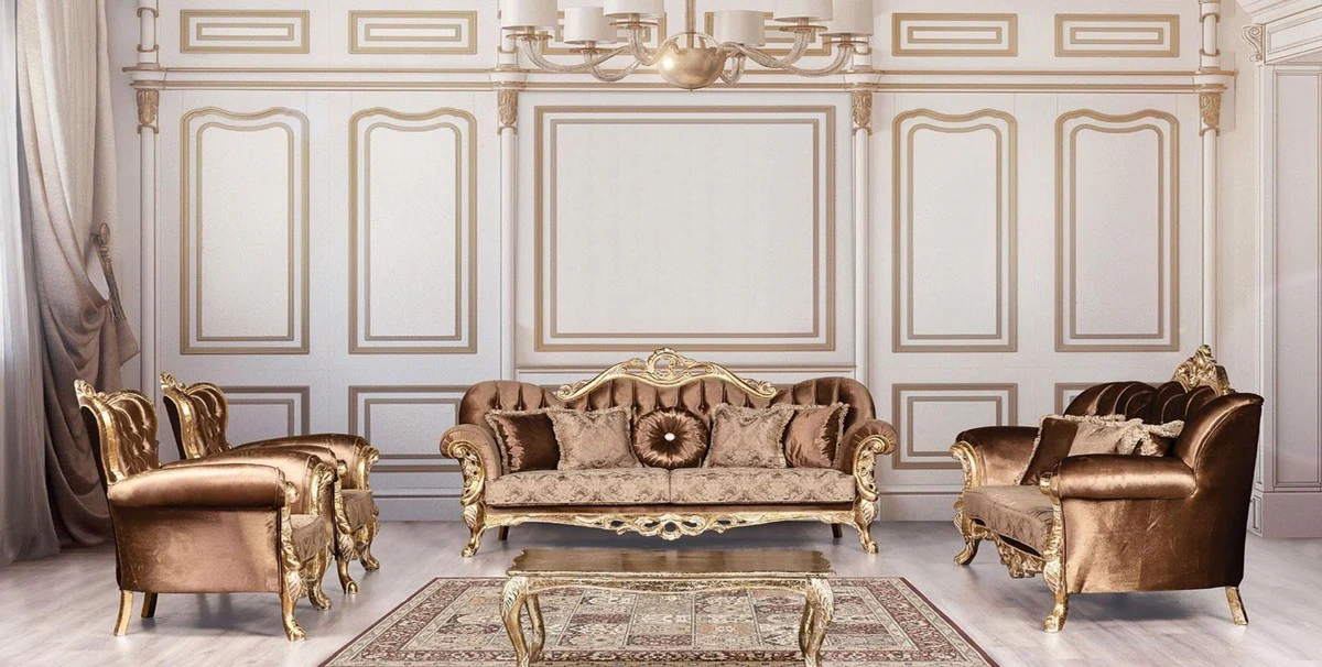 Luxury Baroque Living Room Set Brown / Antique Gold - 2 Baroque Sofas with Pattern & 2 Baroque Armchairs with Pattern & 1 Baroque Coffee Table - Baroque Living Room Furniture