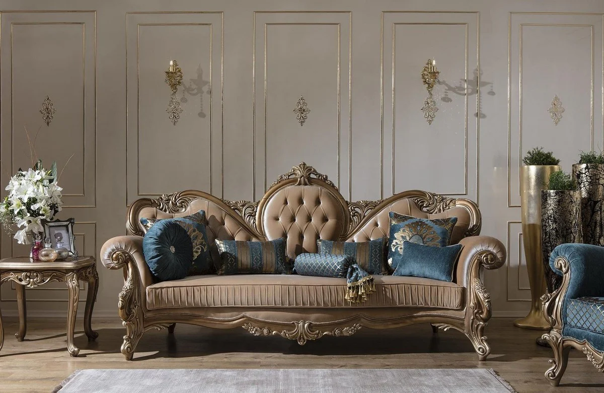 Luxury Baroque sofa brown / gold 260 x 90 x H. 125 cm - Magnificent living room sofa with decorative pillows - Baroque furniture