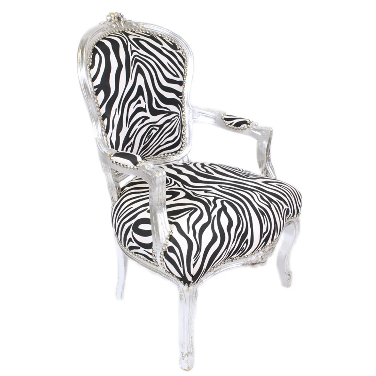 Baroque salon chair zebra / silver with armrests - baroque furniture