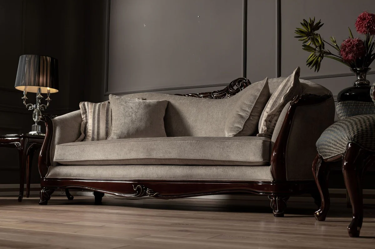 Luxury Baroque Sofa Beige / Dark Brown / Gold - Handmade Living Room Sofa in Baroque Style - Baroque Living Room Furniture