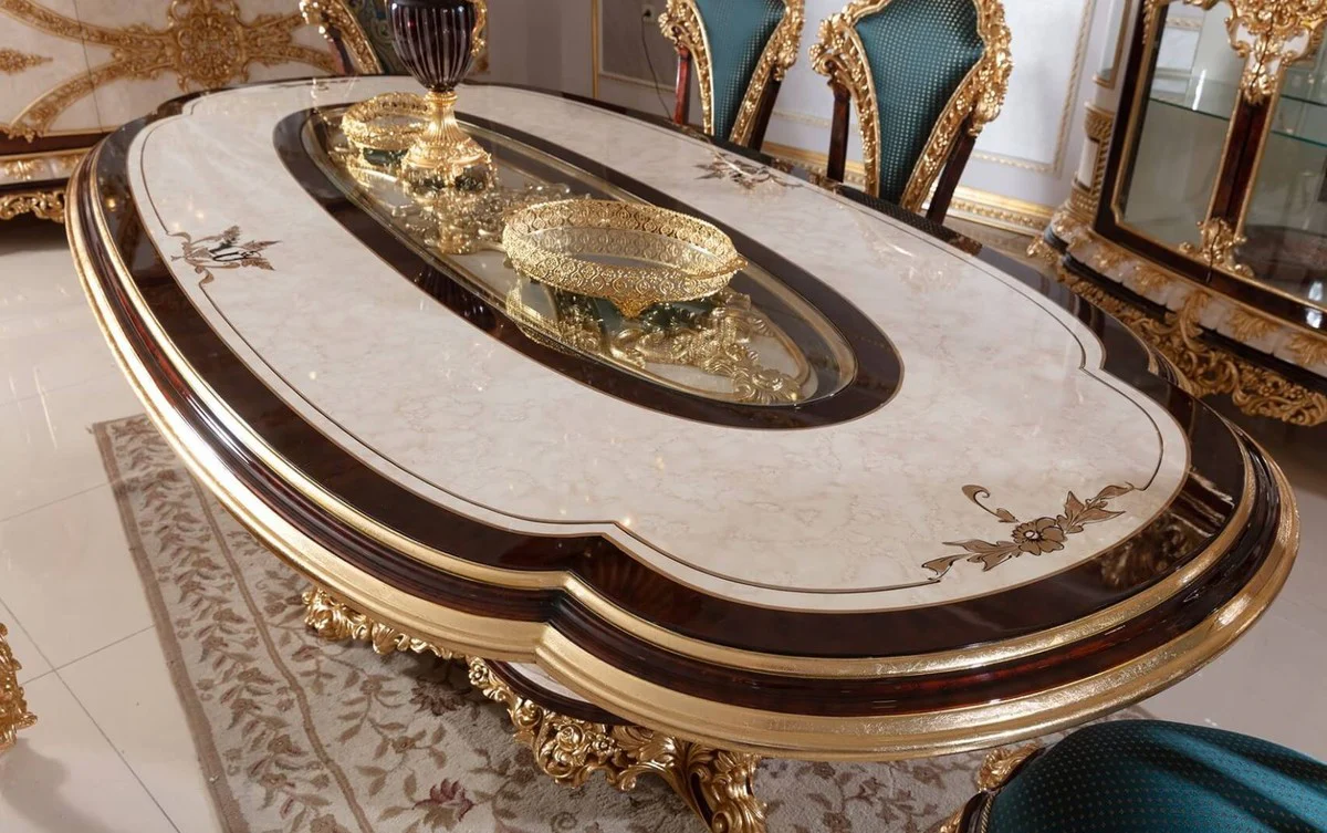 Luxury baroque dining table white / brown / gold - magnificent solid wood dining room table in baroque style - baroque dining room furniture - noble & magnificent
