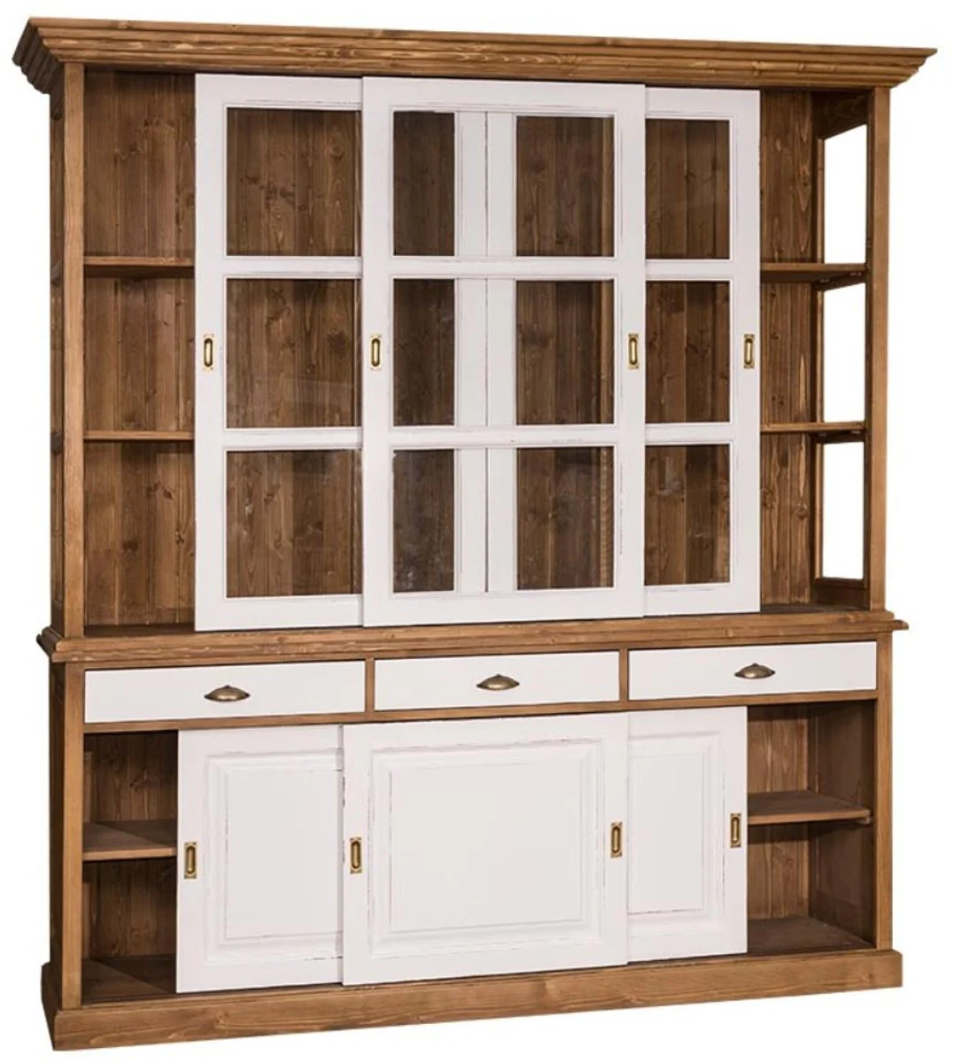 Country house style kitchen cabinet brown / antique white 206 x 53 x H. 219 cm - 2-part kitchen cabinet with 6 sliding doors and 3 drawers