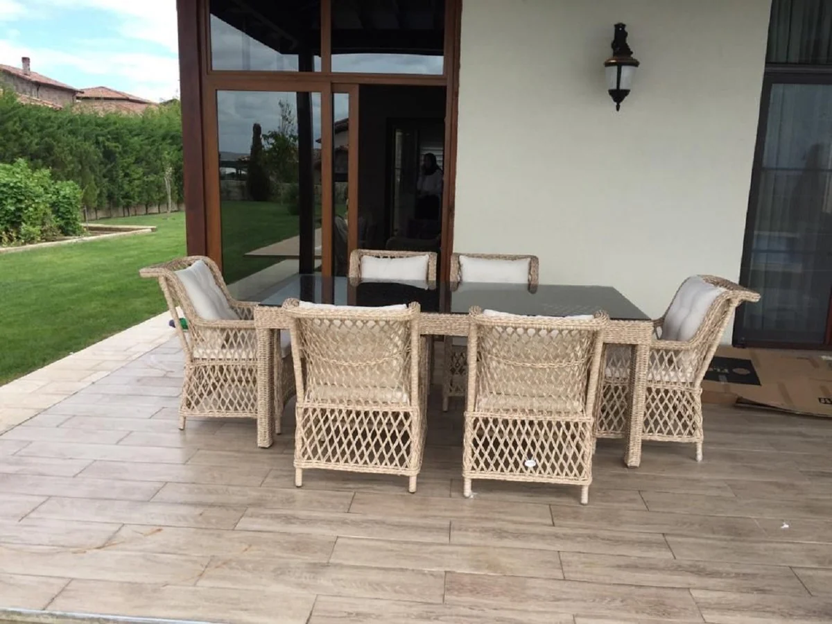 Luxury garden chair set of 6 natural colors / white 57 x 61 x H. 80 cm - Rattan chairs with armrests and cushions - Modern rattan garden and patio furniture