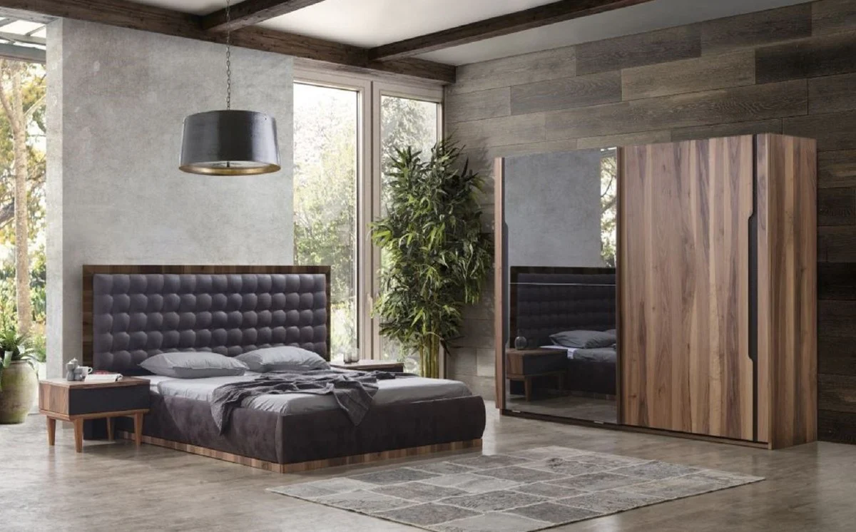 Luxury Solid Wood Bedroom Set Gray / Brown - 1 Double Bed with Headboard & 2 Bedside Tables - Luxury Bedroom Furniture