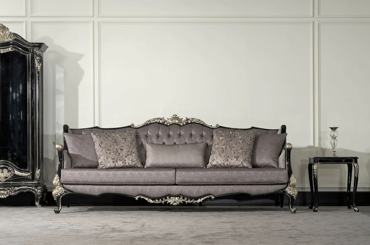 Luxury Baroque Living Room Sofa Silver / Black / Silver - Magnificent Baroque Style Sofa with Decorative Pillows - Luxury Living Room Furniture in Baroque Style - Baroque Furniture