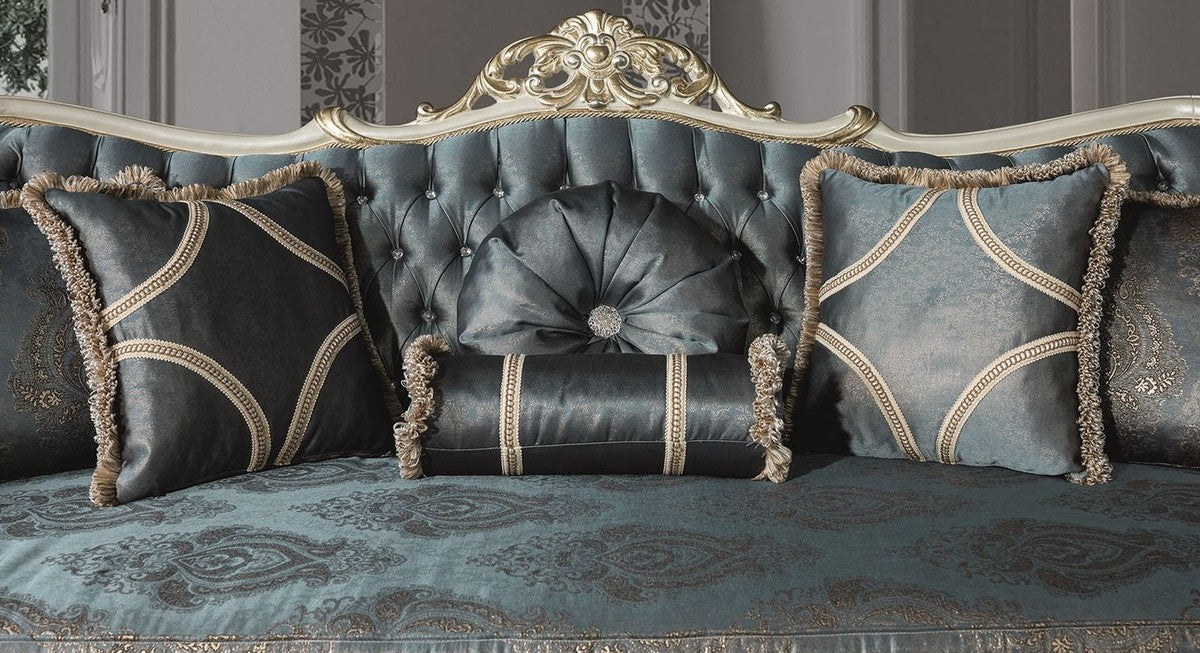 Luxury baroque living room sofa with rhinestones and decorative cushions blue / cream / gold 240 x 95 x H. 105 cm - Noble couch in baroque style