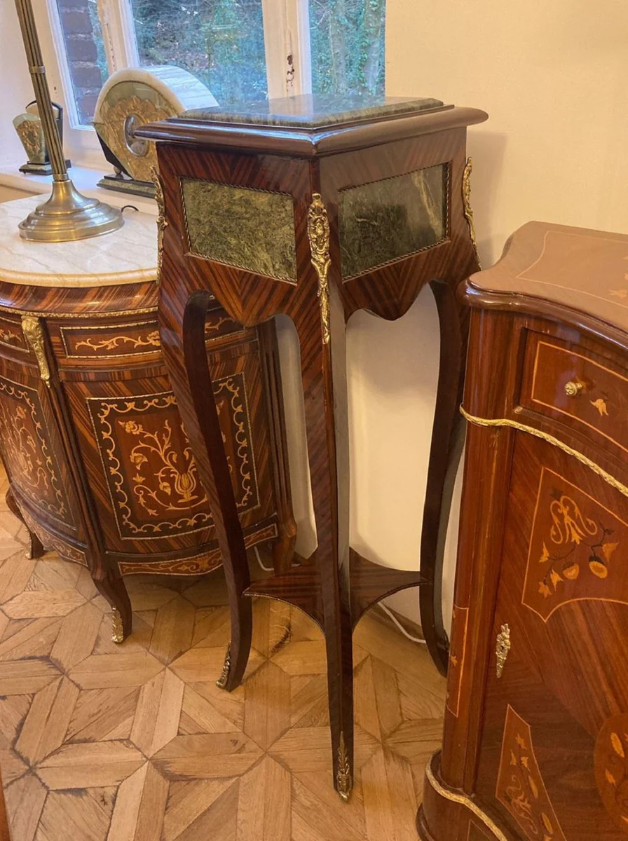 Baroque Column Brown / Green / Gold - Handmade Antique Style Solid Wood Side Table with Marble Top - Living Room Furniture in Baroque Style - Antique Style Furniture - Baroque Furniture