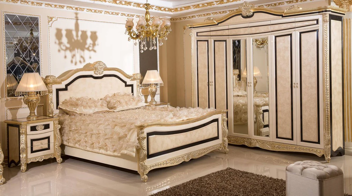 Luxury baroque night dresser white / beige / black / gold - magnificent baroque style bedside table with 3 drawers - luxury bedroom furniture in baroque style - baroque furniture - baroque interior