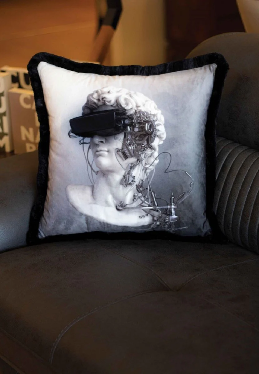Luxury decorative cushion cyber baroque bust gray / white / black 45 x 45 cm - printed velvet cushion with fringes - luxury decorative accessories