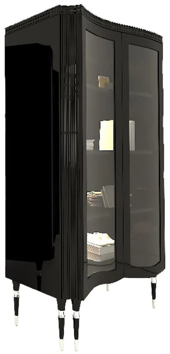 Luxury Art Deco display cabinet black / silver - handmade solid wood display cabinet with 2 glass doors - Art Deco living room furniture