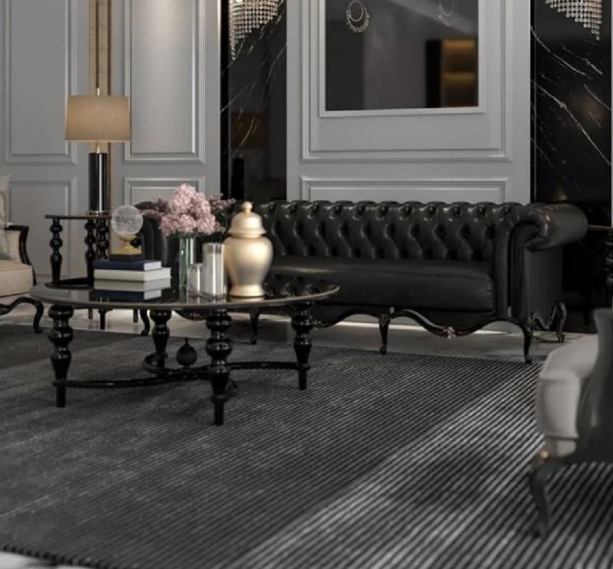 Luxury baroque coffee table black Ø 114 x H. 47 cm - round solid wood living room table - elegant baroque living room furniture