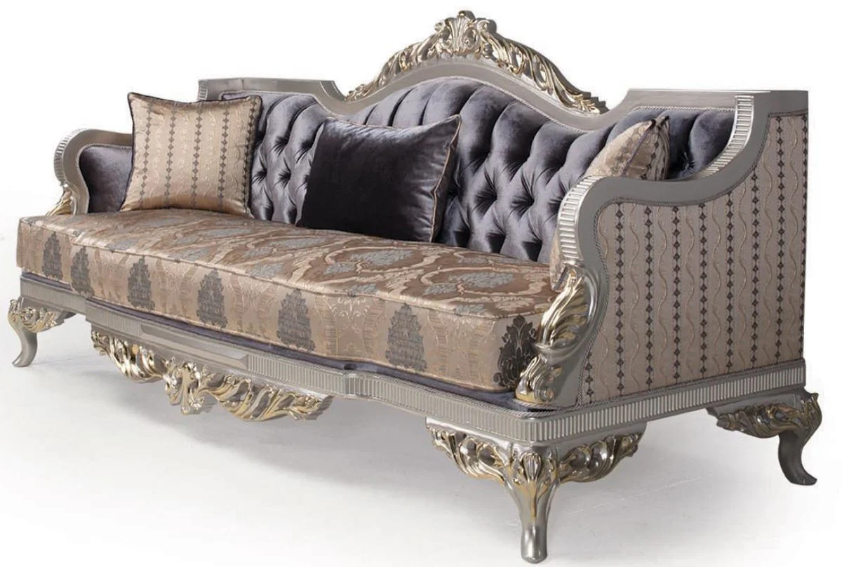 Luxury Baroque living room sofa with cushions purple / beige / silver / gold 228 x 93 x H. 108 cm - Baroque furniture