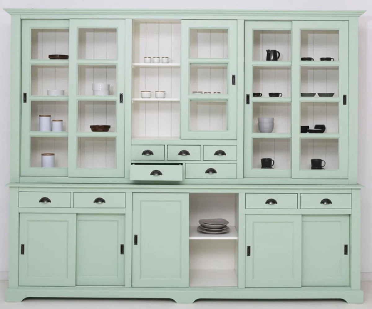 Country house style dining room cabinet mint green / white 280 x 55 x H. 225 cm - solid wood kitchen cabinet - dining room furniture in country house style - country house style dining room furnishings