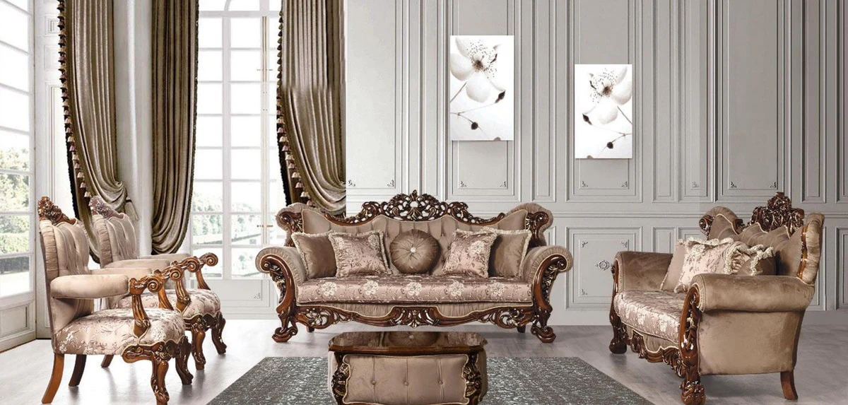 Luxury Baroque Living Room Set Gray / Brown / Gold - 2 Baroque Sofas with Pattern & 2 Baroque Armchairs with Pattern & 1 Baroque Coffee Table - Baroque Living Room Furniture