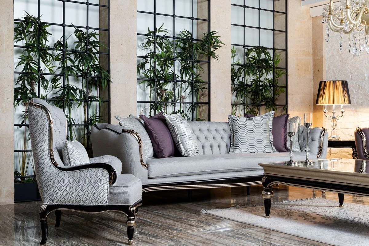 Luxury Baroque Sofa Gray / Black / Silver - Handmade Living Room Sofa - Baroque Living Room Furniture