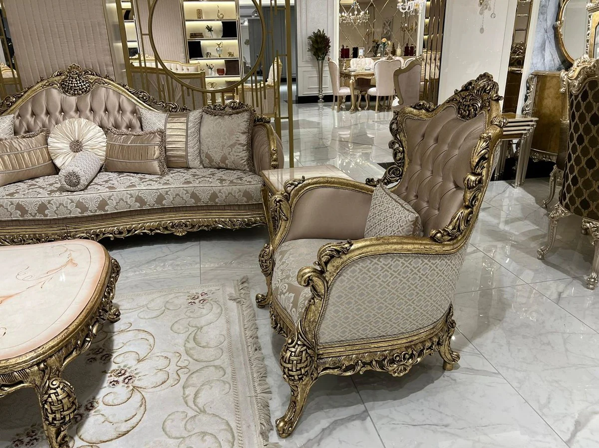 Luxury Baroque Sofa Brown / White / Gold - Handmade living room sofa with elegant pattern and decorative pillows - Magnificent living room furniture in baroque style