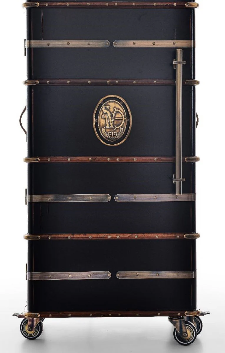 Luxury bar cabinet with wheels antique black 73.5 x 54 x H. 173.5 cm - suitcase cabinet in a retro look - retro style wine cabinet - bar furniture - luxury furniture