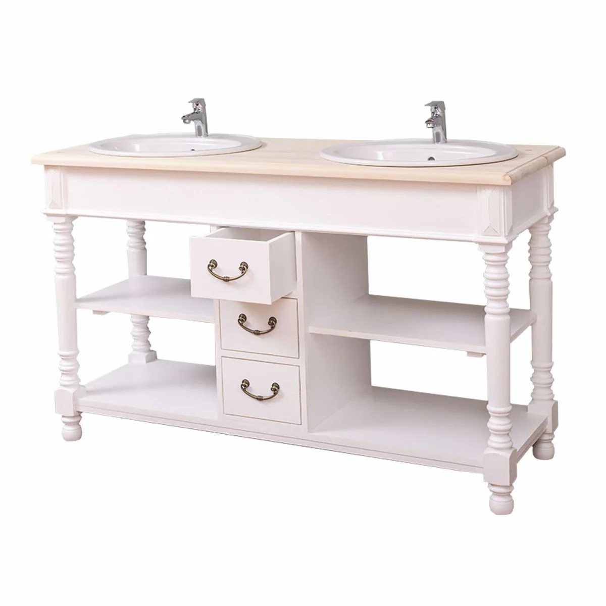 Country house style double washbasin with 2 wash basins white / natural 150 cm