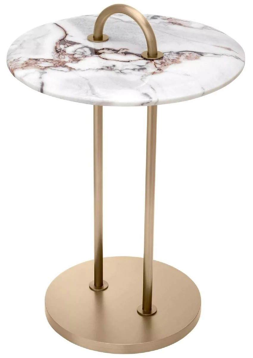 Luxury side table brass / white Ø 38.5 x H. 58 cm - Round table with marble top and carrying handle - Living room furniture - Luxury furniture - Living room furnishings - Luxury quality