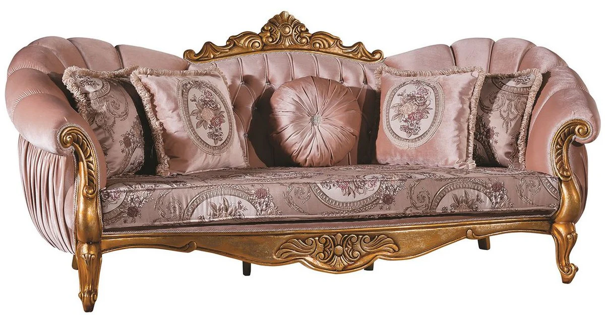 Luxury Baroque Living Room Set Pink / Gold - 2 Sofas & 2 Armchairs & 1 Coffee Table - Living Room Furniture - Noble & Magnificent