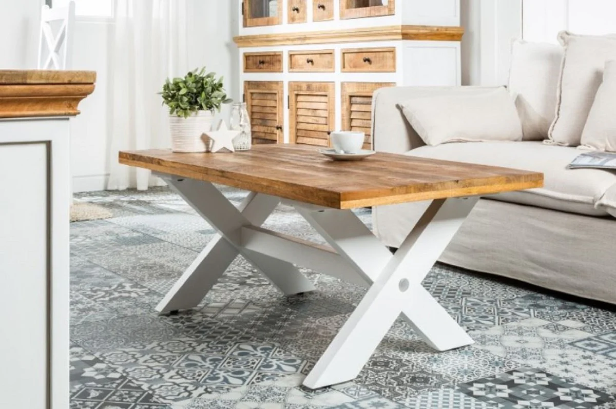 Country house style coffee table natural colors / white 110 x 60 x H. 45 cm - handmade solid wood living room table - living room furniture in country house style