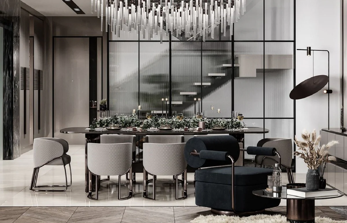 Luxury dining room set gray / bronze - 1 luxury dining table & 8 luxury dining room chairs with armrests - dining room furniture - luxury furniture - luxury furnishings