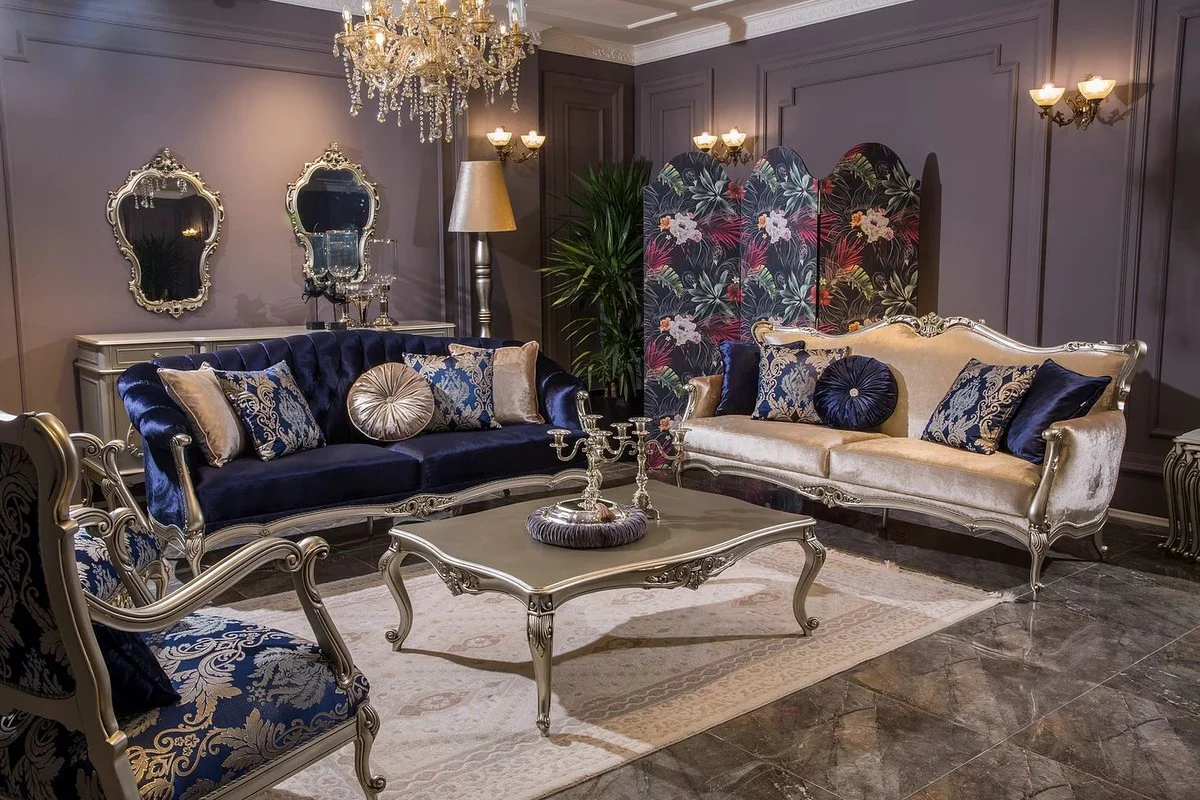 Luxury Baroque living room sofa with decorative cushions blue / silver 212 x 80 x H. 98 cm - Magnificent Baroque furniture