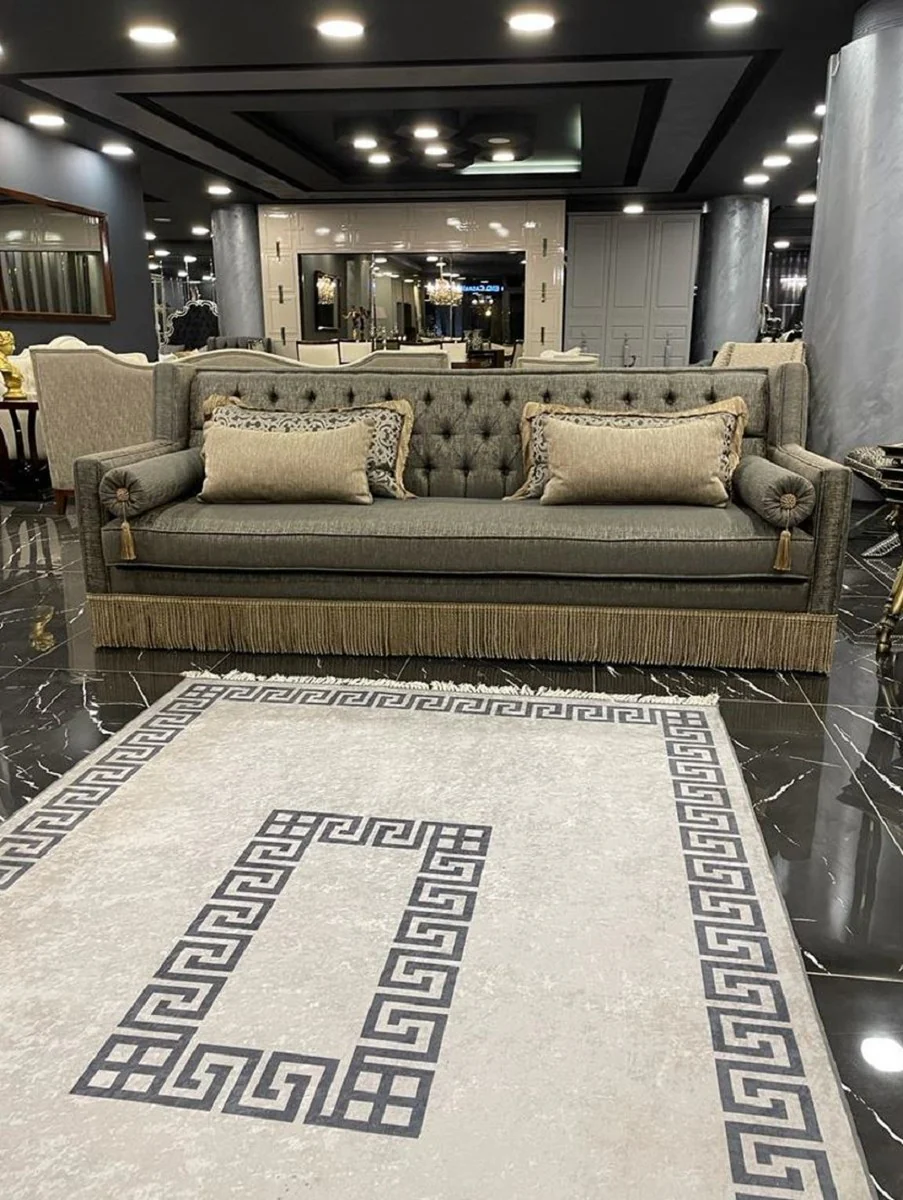 Luxury Art Deco Chesterfield Sofa Gray / Beige - Handcrafted Solid Wood Living Room Sofa - Luxury Art Deco Chesterfield Living Room Furniture