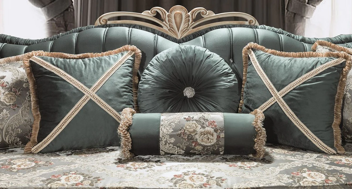 Luxury baroque living room sofa with rhinestones and decorative cushions green / cream / beige 220 x 85 x H. 100 cm - furniture in the baroque style