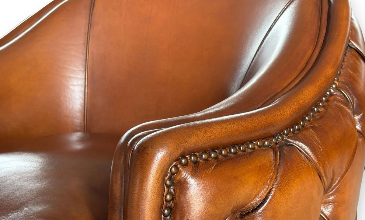 Luxury Chesterfield Leather Armchair Light Brown / Black - Real Leather Living Room Furniture