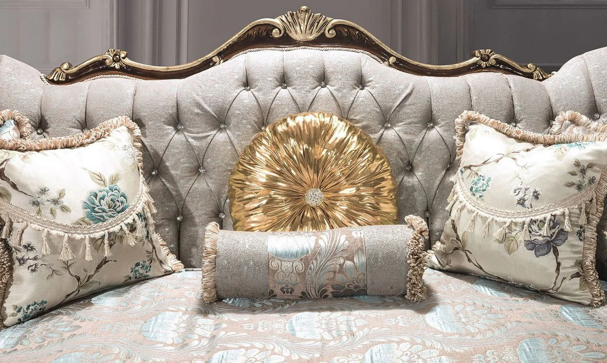 Luxury baroque living room sofa with rhinestones and decorative cushions silver gray / brown / gold 230 x 85 x H. 120 cm - Baroque furniture