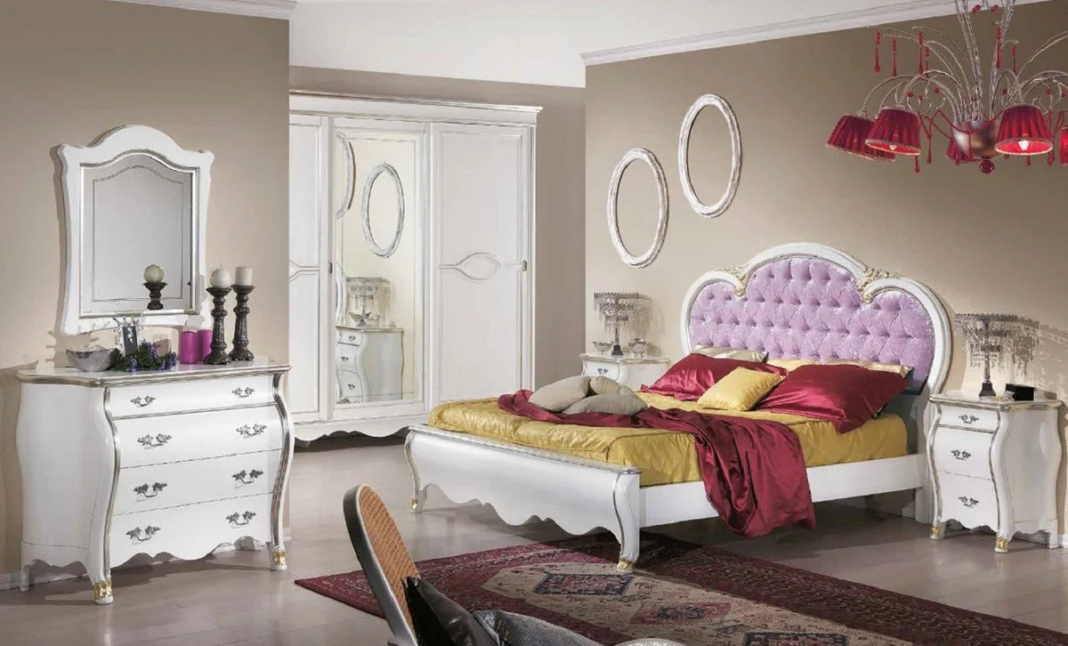 Luxury Baroque double bed purple / white / gold - Magnificent solid wood bed in Baroque style - Baroque bedroom & hotel furniture - Luxury quality - Made in Italy