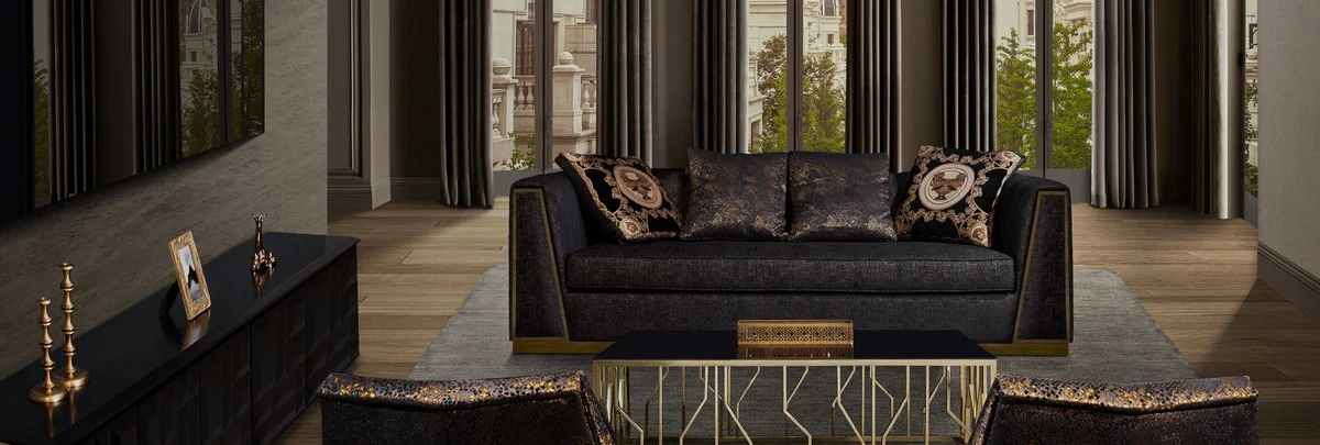 Luxury living room sofa with decorative pillows black / gold 238 x 97 x H. 72 cm - Luxury Furniture