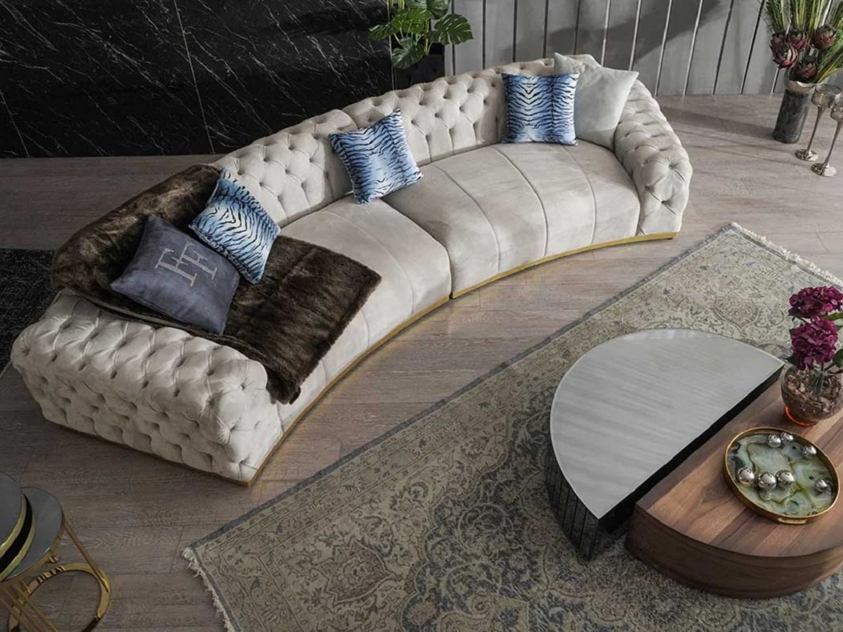 Luxury Chesterfield sofa gray / gold 380 x 100 x H. 72 cm - Curved living room sofa - Hotel sofa - Living room furniture - Chesterfield furniture - Luxury furniture - Luxury furnishings