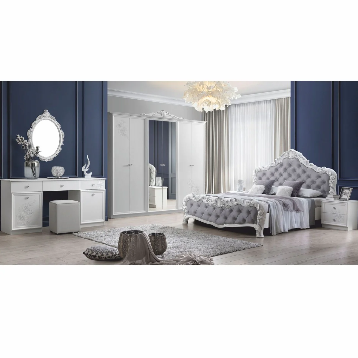 Luxury Baroque Double Bed Gray / White - Baroque Bedroom Furniture