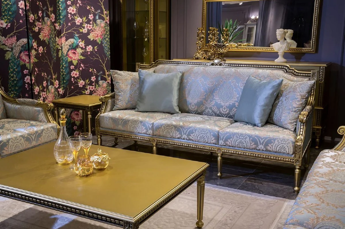 Luxury baroque living room set light blue / gold - 2 baroque sofas & 2 baroque armchairs & 1 baroque coffee table - living room furniture in baroque style - baroque furniture - baroque furnishings