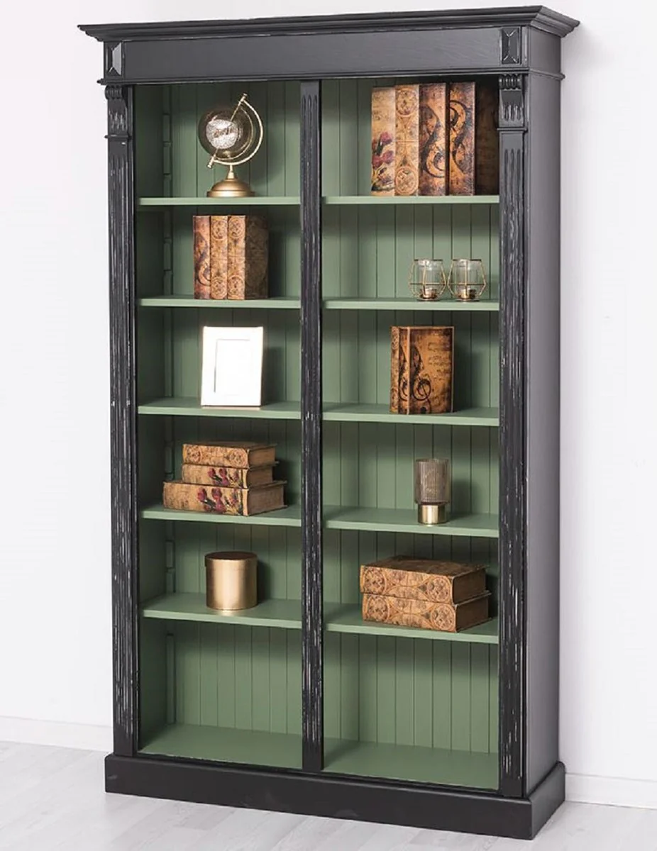 Country house style bookcase antique black / green 120 x 39 x H. 197 cm - solid wood cabinet - shelf cabinet - living room cabinet - office cabinet - country house style furniture