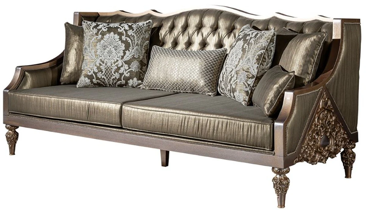 Luxury baroque sofa green / silver / copper / gold 210 x 86 x H. 89 cm - living room sofa with decorative pillows - baroque living room furniture