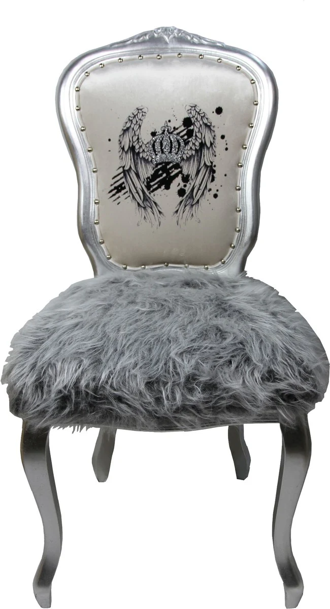 Pompöös by Luxury Baroque Dining Room Chair Faux Fur Silver / White Crown with Glitter Stones - Pompööser Baroque Chair designed by Harald Glööckler