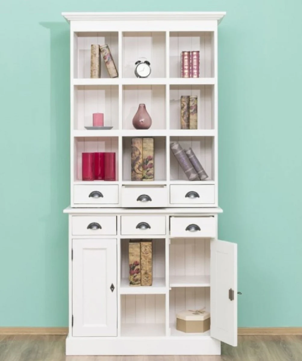 Country house style cabinet white 97 x 40 x H. 210 cm - solid wood shelf cabinet with 2 doors and 6 drawers - furniture in country house style