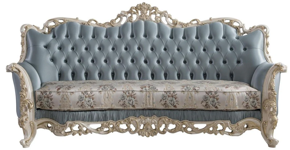 Luxury baroque living room sofa with decorative cushions light blue / cream / white / gold 240 x 90 x H. 120 cm - Noble baroque living room furniture