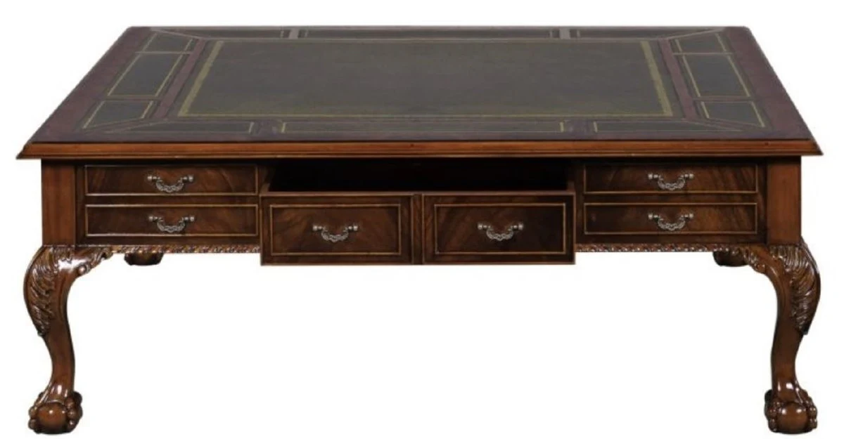 Luxury baroque living room table dark brown / green 130 x 130 x H. 49 cm - coffee table with 24 drawers