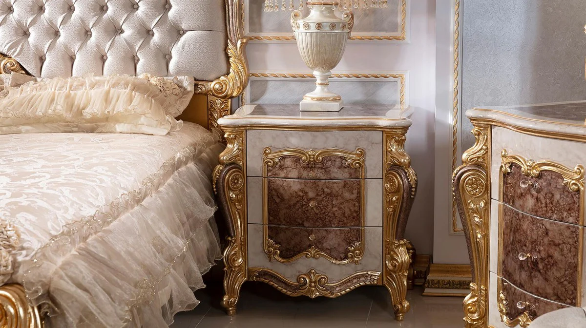 Luxury baroque night dresser with 3 drawers white / brown / gold