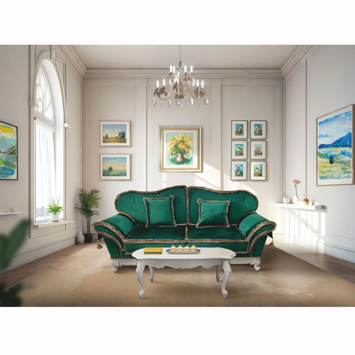 Luxury Baroque Velvet Sofa Green / White 210 cm - Baroque style living room furniture