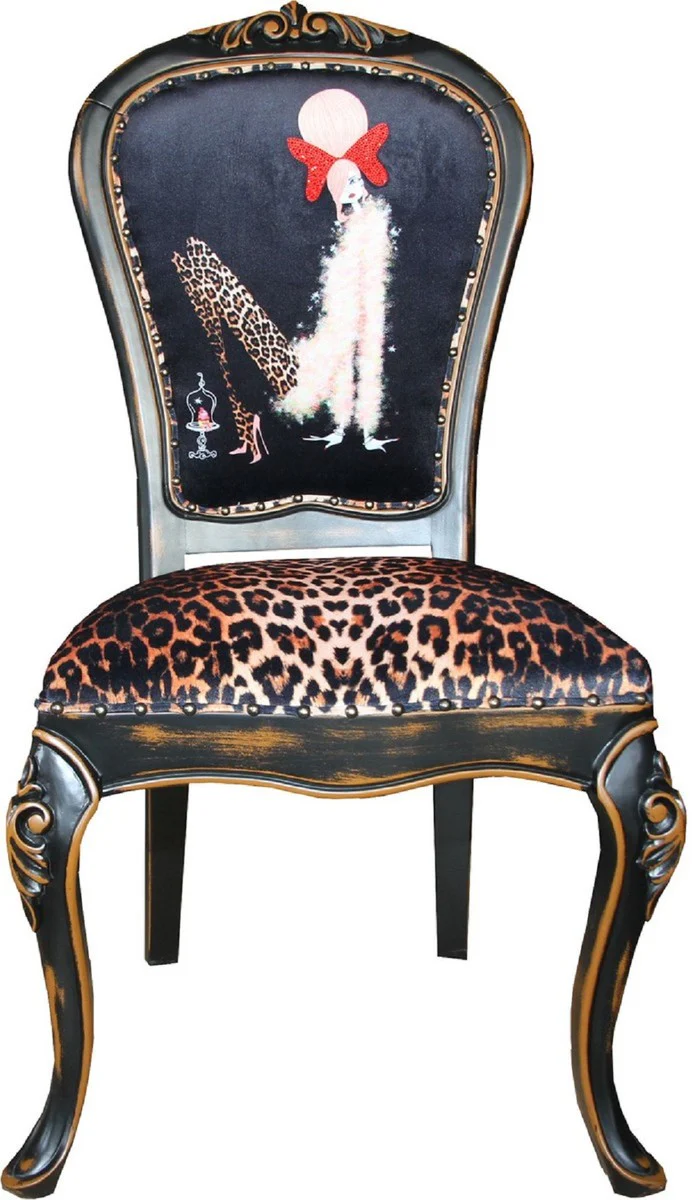 Luxury baroque dining room set lady with high heels leopard / black / brown 50 x 50 x H. 110 cm - 4 handmade dining chairs - baroque furniture
