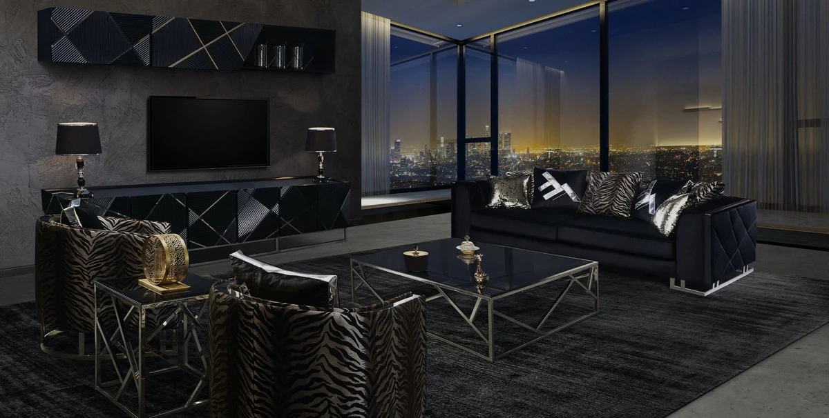 Luxury living room sofa with decorative pillows black / silver 237 x 96 x H. 66 cm - Luxury living room furniture