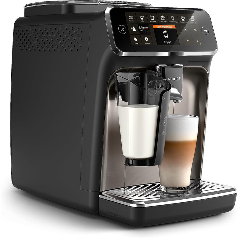 Philips 4300 Series fully automatic espresso machine - LatteGo milk frother, 8 coffee varieties, intuitive touch display, black,